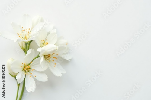 Delicate white flower blossom against pure white backdrop, subtle, texture