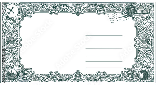 Mail frame on transparent background. Vintage decorative postcard with ornate border