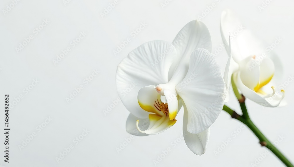 Fototapeta premium Delicate white orchid blossom, pristine petals against pure white backdrop, design, elegant