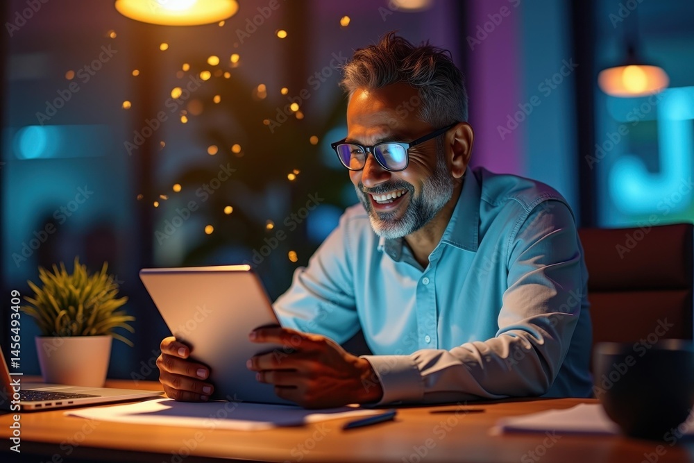 Man works digitally. Man sits at desk in darkness, lost in digital work, surrounded by isolation and monotony. Man works digitally. Man sits at desk in darkness, lost in digital work, surrounded by isolation and monotony.