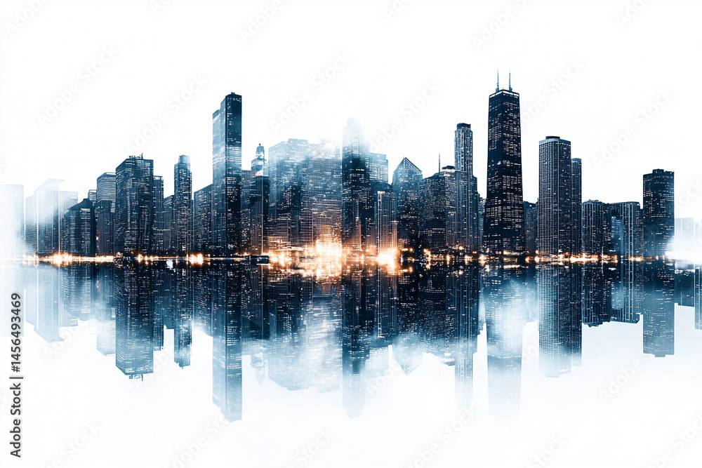 Fototapeta premium Cityscape reflection urban skyline buildings cityscape at night double exposure