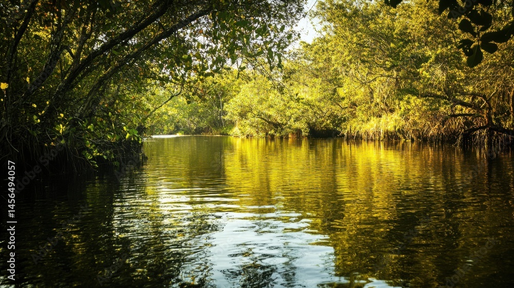 Fototapeta premium Tranquil waterway meanders through a sun-dappled canopy of lush vegetation