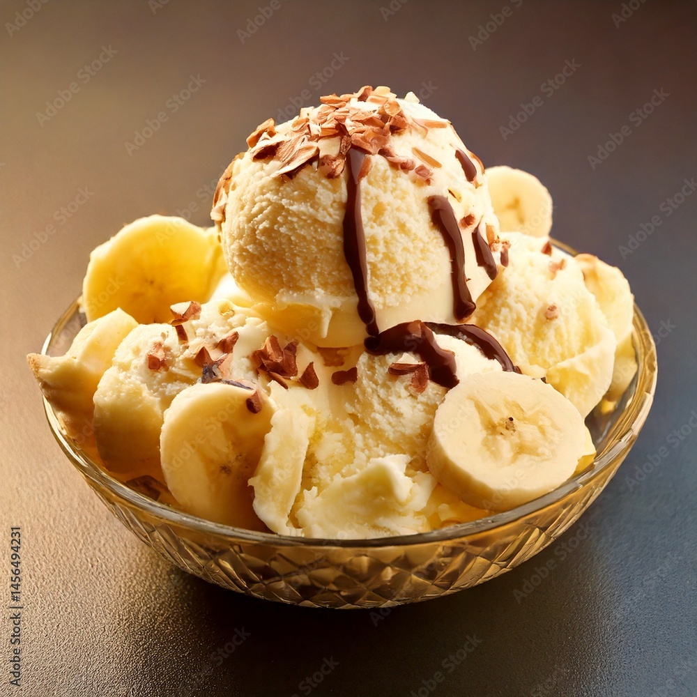Delicious Banana Split, ice cream scoops with chocolate syrup topping waffle bowl and banana slices Delicious Banana Split, ice cream scoops with chocolate syrup topping waffle bowl and banana slices