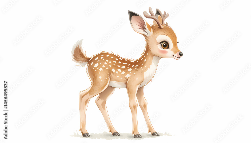 Naklejka premium Adorable Cartoon Fawn with Big Eyes and Small Antlers on White Background