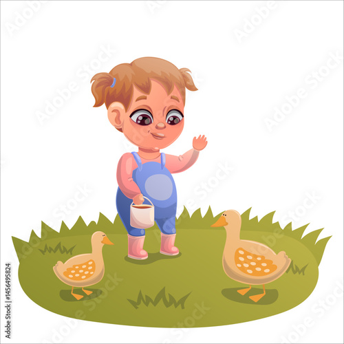 Illustration of a child doing gardening and animal husbandry