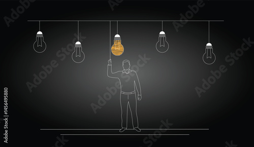 Business Man Line Art Switching on a Light Bulb on Black. White collar work, start up and bright idea generation vector, people and activities