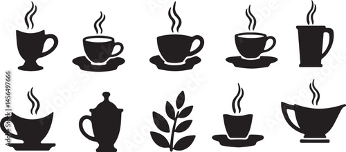 Create a kinds of Coffee and tea icon set vector art with white background.