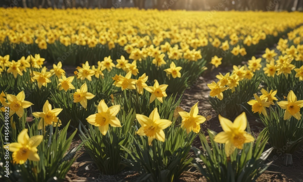 Fototapeta premium Sunlit daffodil field, vibrant yellow petals gleaming , petals, detail, blossom