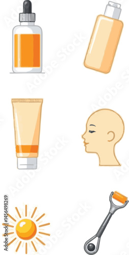 Vector icons of skincare ingredients and tools, with line editing capabilities and a white background. Icons include vitamin C serum, hyaluronic acid, retinol, SPF, and a derma roller.