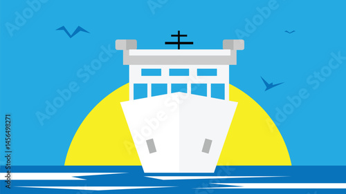 Ship in the Sea Frontal View with Sun and Seagulls Flat Style. Marine vehicles and transportation means vector art