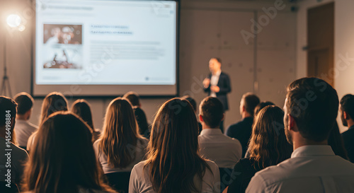 Wallpaper Mural Attendees Listening to Speaker During Conference Presentation with Warm Lighting and Projector Display in Background Torontodigital.ca