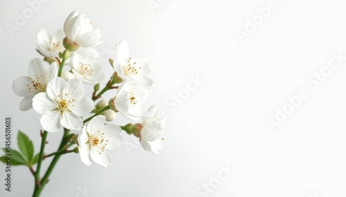 Delicate white flower blossoms against pure white backdrop, blossom, illustration