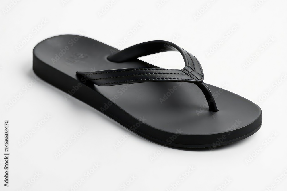 Single black flip-flop on white background, studio shot, beach, style, rubber Single black flip-flop on white background, studio shot, beach, style, rubber