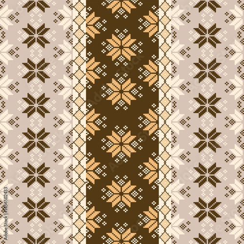 Traditional Ukrainian cross-stitch Detailed vector Illustration for textile printing design, on pixels brown tones