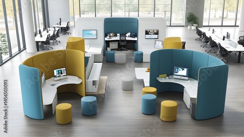 Modern, colorful office workspace design with soundproof pods.