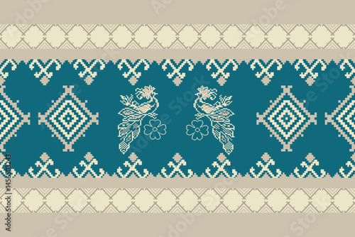 Traditional Ukrainian cross-stitch Detailed vector Illustration for textile printing design, on pixels green tones