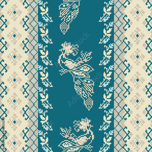 Traditional Ukrainian cross-stitch Detailed vector Illustration for textile printing design, on pixels green tones