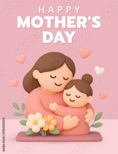 Happy Mother's Day poster with 3d mother hugging her daughter cartoon characters surrounded by flowers and hearts