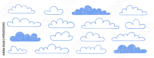 Clouds set. Blue crayon cumulus on white background. Hand drawn textured line and silhouette shapes in children's style. Chalk pastel doodles of weather elements, kid drawings. Sky vector illustration