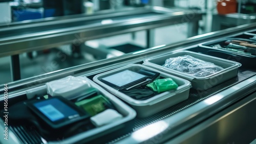 Airport security scanning process shows trays of personal items and electronics on conveyor belt