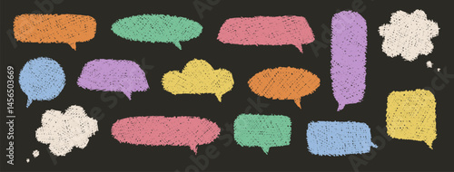 Speech bubbles crayon colorful set. Chalk grunge textured talk thought boxes. Hand drawn style chat frames. Dialogue balloon clouds. Pencil drawings, elements on black background. Vector illustration