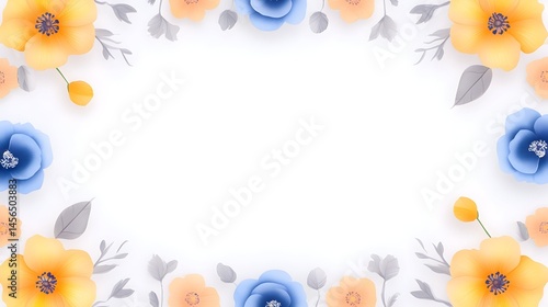 A white background framed by pastel blue and orange paper flowers and gray leaves.  Perfect for invitations or announcements