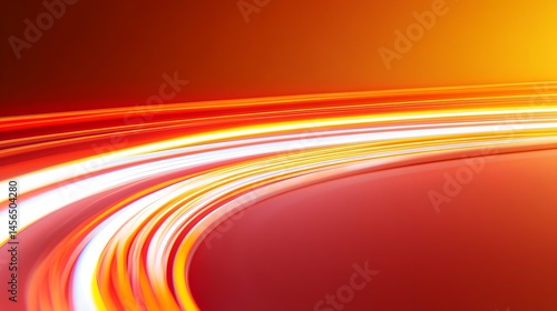 Abstract art depicting vibrant, glowing curves of light against a warm, dark background.  The curves suggest motion and speed