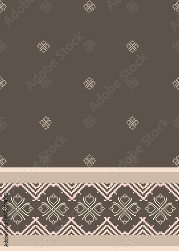 Traditional Ukrainian cross-stitch Detailed vector Illustration for textile printing design, on pixels brown tones