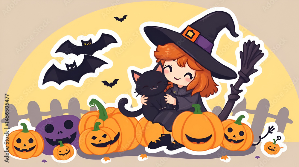 Sticker of cute kawaii halloween witch holding a black cat with smiling pumpkins and bats around, cartoon ginger witch surrounded by pumpkins, perfect for halloween decoration Sticker of cute kawaii halloween witch holding a black cat with smiling pumpkins and bats around, cartoon ginger witch surrounded by pumpkins, perfect for halloween decoration