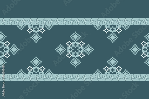 Traditional Ukrainian cross-stitch Detailed vector Illustration for textile printing design, on pixels green tones