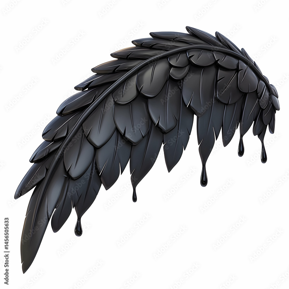 Fototapeta premium Black feather dripping paint, isolated white background, artistic design, for game assets or dark fantasy