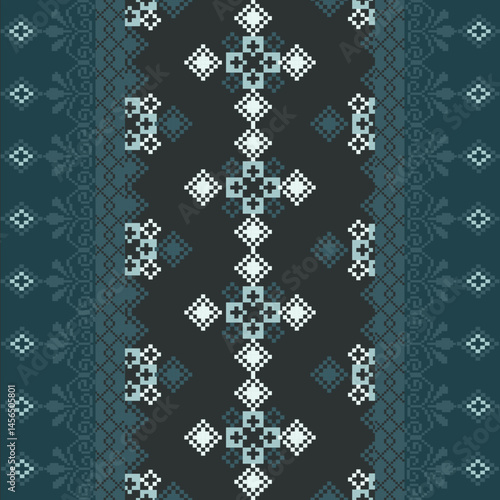 Traditional Ukrainian cross-stitch Detailed vector Illustration for textile printing design, on pixels green tones