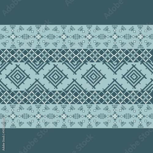 Traditional Ukrainian cross-stitch Detailed vector Illustration for textile printing design, on pixels green tones