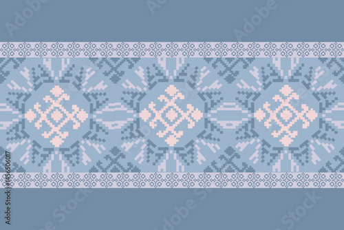 Traditional Ukrainian cross-stitch Detailed vector Illustration for textile printing design, on pixels pastel colors tones