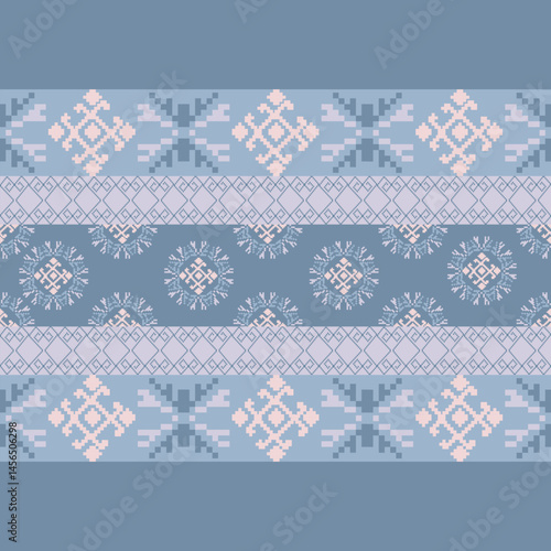 Traditional Ukrainian cross-stitch Detailed vector Illustration for textile printing design, on pixels pastel colors tones