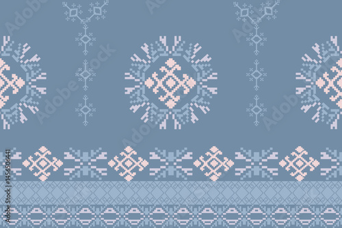 Traditional Ukrainian cross-stitch Detailed vector Illustration for textile printing design, on pixels pastel colors tones