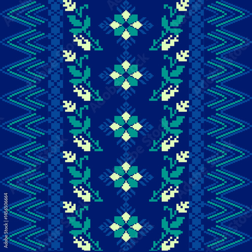Traditional Ukrainian cross-stitch
Detailed vector Illustration for textile printing design, on pixels blue tones