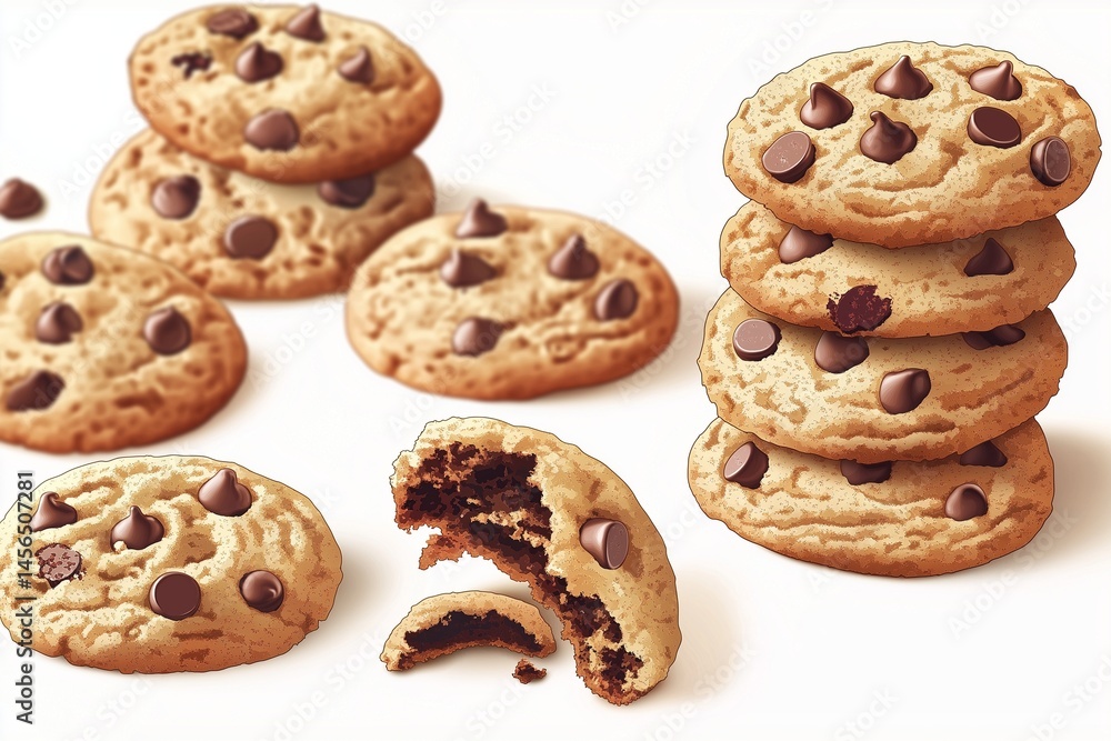 Crispy Chocolate Chip Cookies Vector Set Illustration - A detailed vector illustration of a variety of chocolate chip cookies, Crispy Chocolate Chip Cookies Vector Set Illustration - A detailed vector illustration of a variety of chocolate chip cookies,