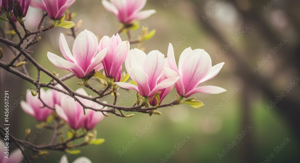 A branch with several pink and white magnolia flowers in a soft focus natural background scene outdoors A branch with several pink and white magnolia flowers in a soft focus natural background scene outdoors