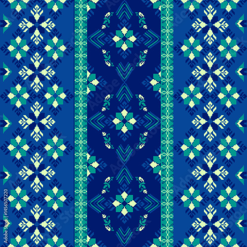 Traditional Ukrainian cross-stitch
Detailed vector Illustration for textile printing design, on pixels blue tones