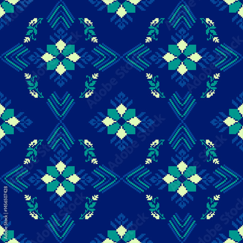 Traditional Ukrainian cross-stitch
Detailed vector Illustration for textile printing design, on pixels blue tones