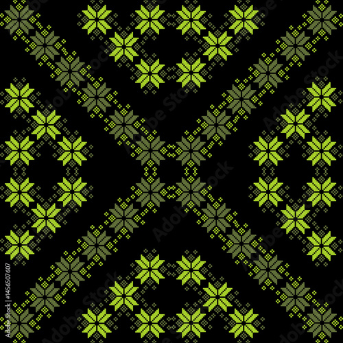 Traditional Ukrainian cross-stitch Detailed vector Illustration for textile printing design, on pixels green tones