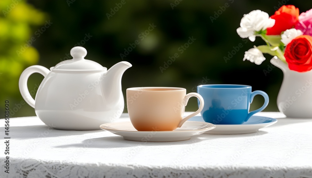 Outdoor tea setting with teapot, two teacups, saucers, and flowers Outdoor tea setting with teapot, two teacups, saucers, and flowers