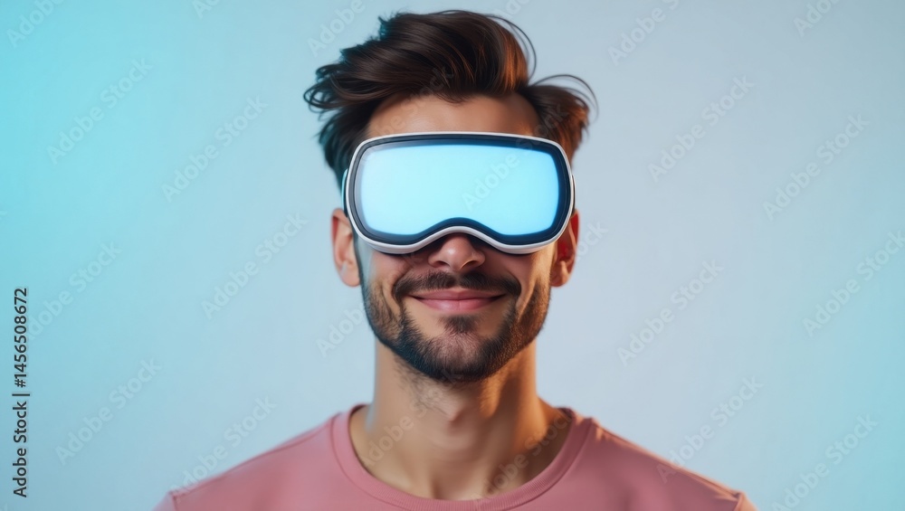 XR glasses. Virtual Reality Goggles. Male man model isolated background. Mans bold pink attire contrasts with his virtual reality goggles, highlighting intersection of reality and fantasy. XR glasses. Virtual Reality Goggles. Male man model isolated background. Mans bold pink attire contrasts with his virtual reality goggles, highlighting intersection of reality and fantasy.