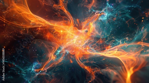 Abstract picture of neon light particle with digital technology style design connecting become dynamic of electric wave movement represent about flowing of data or structure of network system. AIG53.