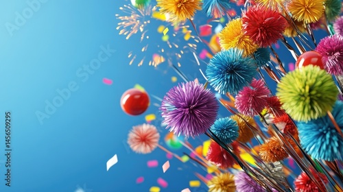 Vivid firework bloom in the air, sparkling in layers on a rich blue background