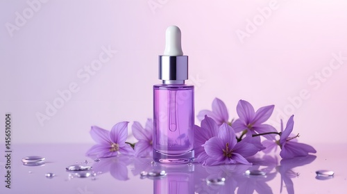 perfume bottle and purple flower.Lavender cosmetics in a transparent bottle with a pipette. Stylish presentation of purple cosmetics.