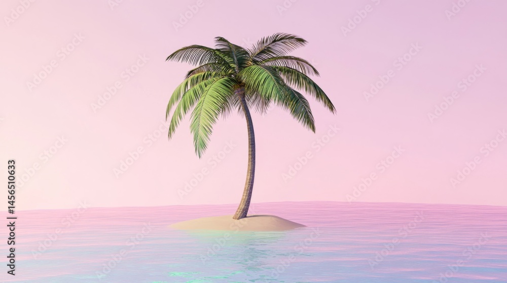 Naklejka premium Single Palm Tree on a Pink Pastel Island