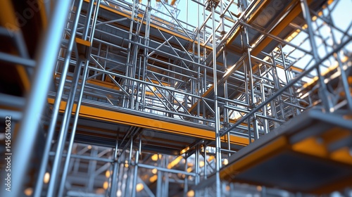 Industrial Scaffolding Setup with Metal Framework - A high-angle shot of an intricate scaffolding setup, 