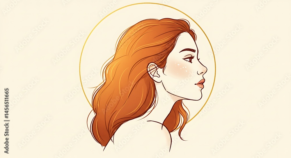 Naklejka premium Elegant portrait of a young woman with red hair in profile, surrounded by a golden halo